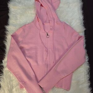 Women’s Pink Ribbed Knit Long Sleeve Zip Up Hooded Top